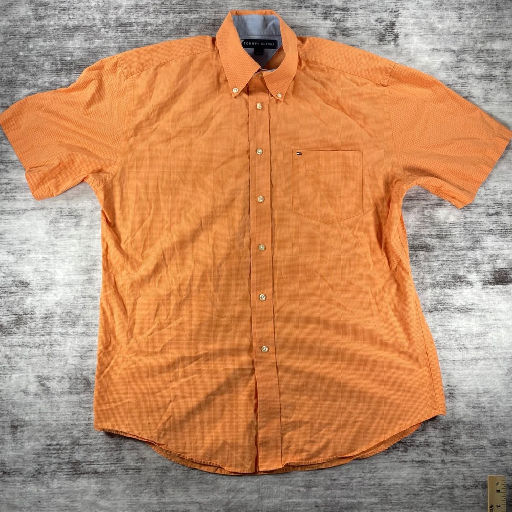 Tommy Hilfiger Mens Orange Micro Check Short Sleeve Button Down Shirt Large